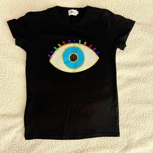 Lola + The Boys Black Tee with Colorful Eye Design